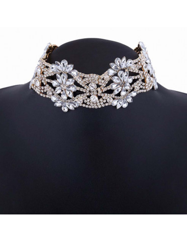 Choker lat luxury, flori din cristale rotunde, patrate si picaturi