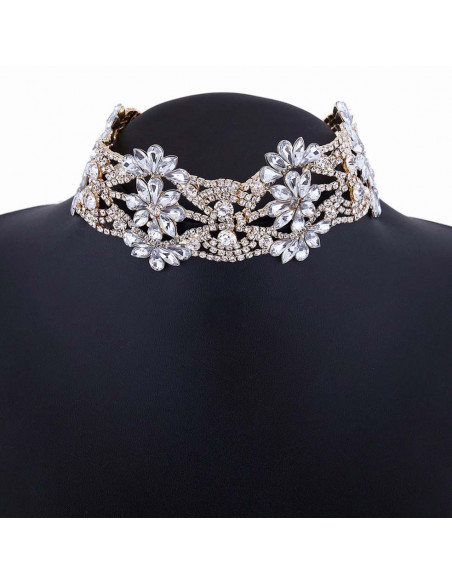 Choker lat luxury, flori din cristale rotunde, patrate si picaturi