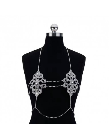 Lant elegant pentru piept, model floral cu cristale albe, si lanturi