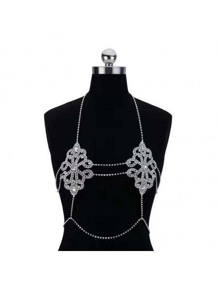 Lant elegant pentru piept, model floral cu cristale albe, si lanturi