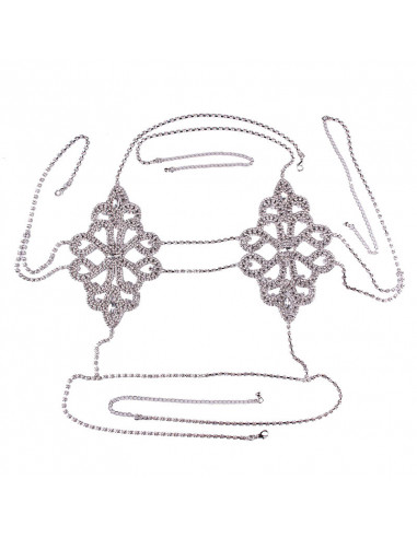 Lant elegant pentru piept, model floral cu cristale albe, si lanturi
