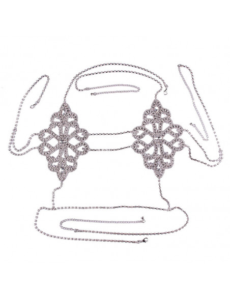 Lant elegant pentru piept, model floral cu cristale albe, si lanturi