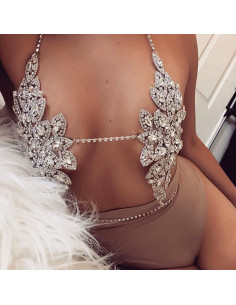 Lant elegant pentru piept, model floral cu cristale albe, si lanturi 2