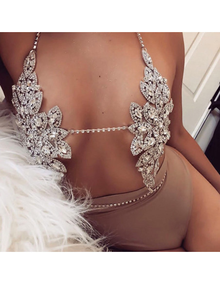 Lant elegant pentru piept, model floral cu cristale albe, si lanturi