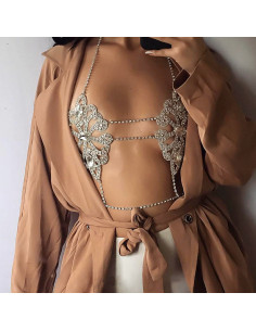 Lant elegant pentru piept, model floral cu cristale albe, si lanturi