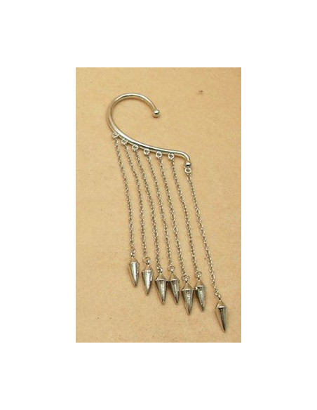 Cercel tip ear cuff, model punk cu lanturi scurte, terminate cu tepi mici, prindere dupa ureche