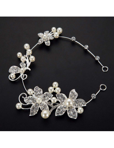 Bentita de par Apple Blossom, flori cu cristale si perle mari albe