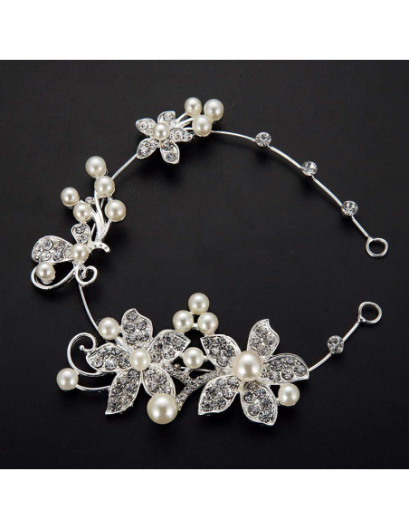 Bentita de par Apple Blossom, flori cu cristale si perle mari albe