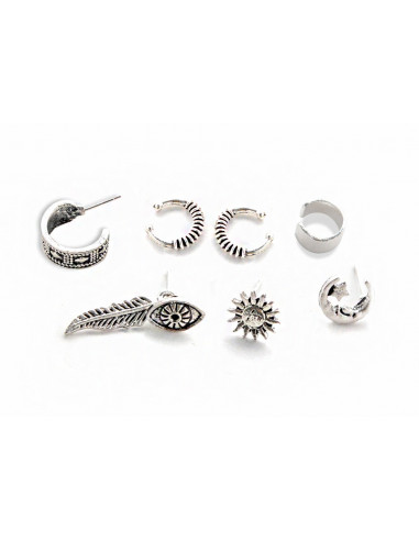 Set cercei si ear cuff boho patinat, cu soare, pana, Nazar si semiluna