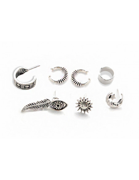 Set cercei si ear cuff boho patinat, cu soare, pana, Nazar si semiluna
