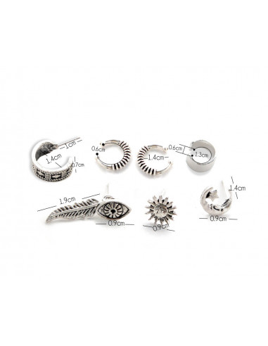 Set cercei si ear cuff boho patinat, cu soare, pana, Nazar si semiluna