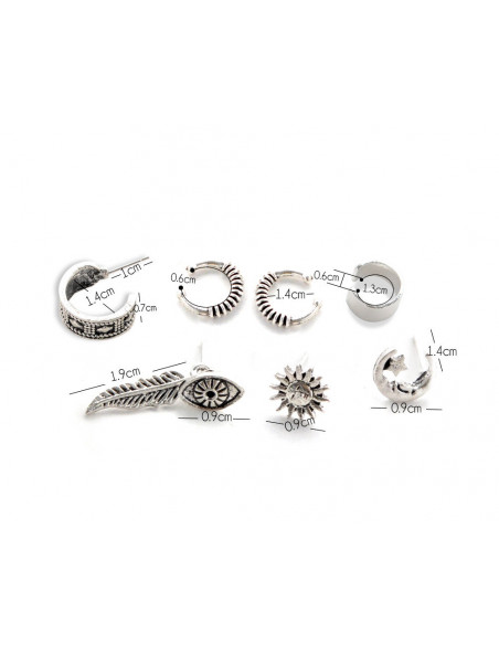Set cercei si ear cuff boho patinat, cu soare, pana, Nazar si semiluna