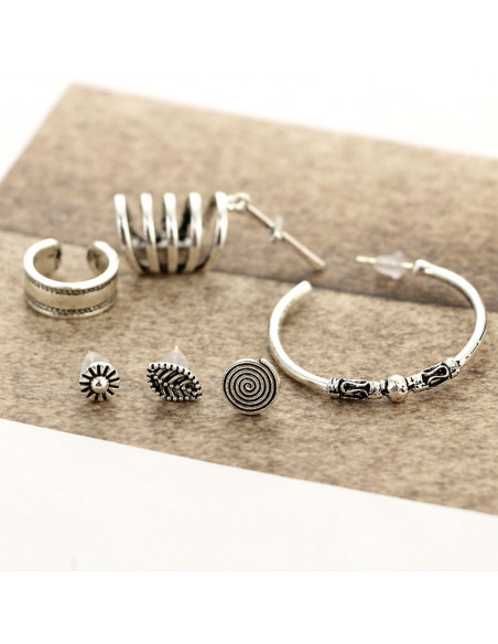 Set cercei si ear cuff boho, inele, cruce, spirala, frunza si floricica