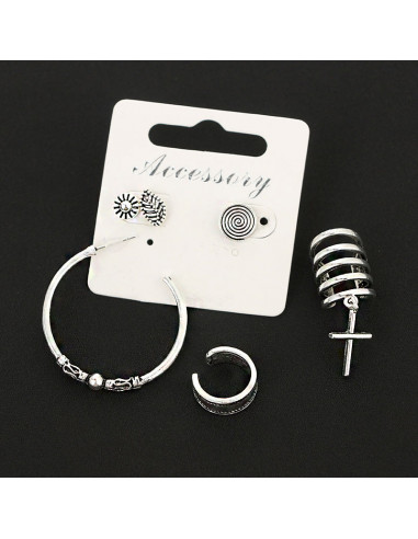 Set cercei si ear cuff boho, inele, cruce, spirala, frunza si floricica