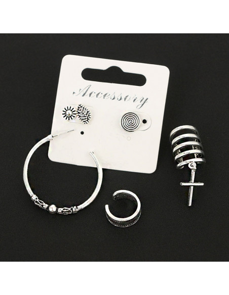 Set cercei si ear cuff boho, inele, cruce, spirala, frunza si floricica