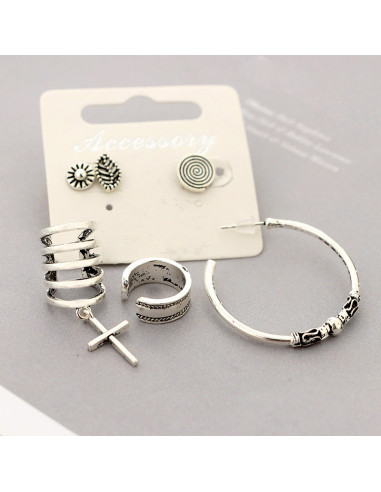 Set cercei si ear cuff boho, inele, cruce, spirala, frunza si floricica