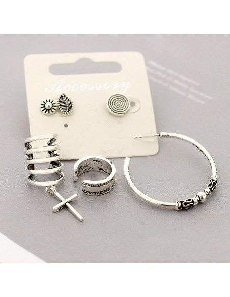 Set cercei si ear cuff boho, inele, cruce, spirala, frunza si floricica