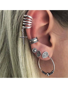 Set cercei si ear cuff boho, inele, cruce, spirala, frunza si floricica