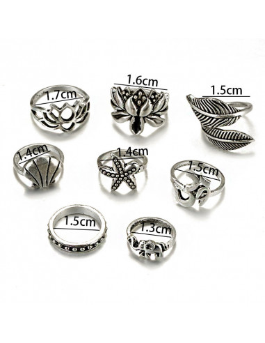 Set 8 inele etnice, cu lotus, stea de mare, scoica, frunze si elefantel