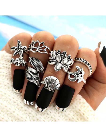 Set 8 inele etnice, cu lotus, stea de mare, scoica, frunze si elefantel