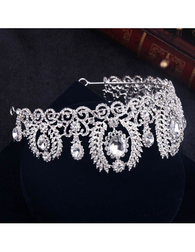 Tiara argintie Diamond Coronet, ramurele si flori cu cristale albe