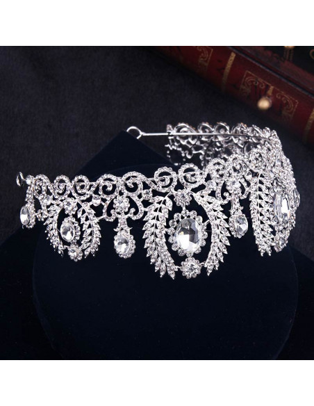 Tiara argintie Diamond Coronet, ramurele si flori cu cristale albe