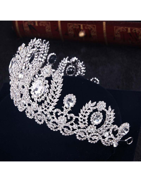 Tiara argintie Diamond Coronet, ramurele si flori cu cristale albe