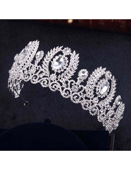 Tiara argintie Diamond Coronet, ramurele si flori cu cristale albe