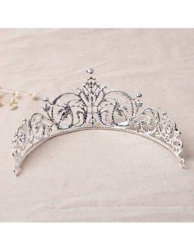 Tiara argintie Snow Lilies, ramurele si flori cu cristale albe