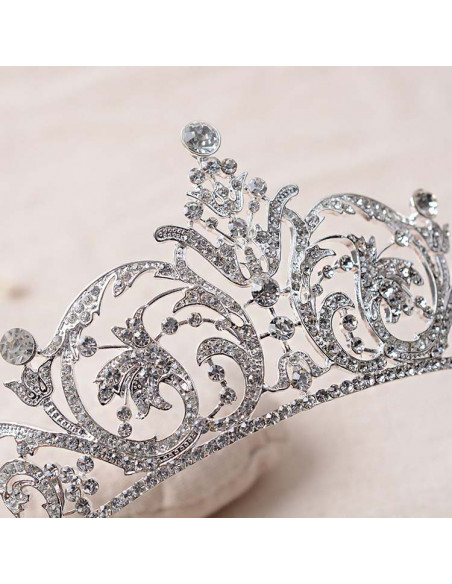 Tiara argintie Snow Lilies, ramurele si flori cu cristale albe