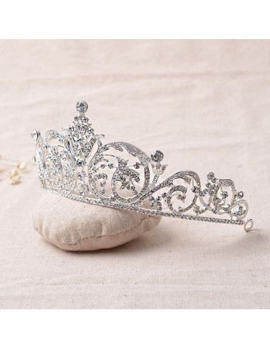 Tiara argintie Snow Lilies, ramurele si flori cu cristale albe