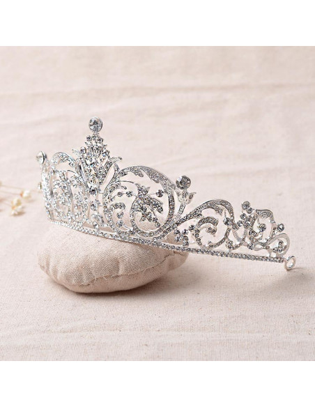 Tiara argintie Snow Lilies, ramurele si flori cu cristale albe