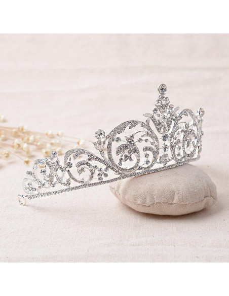 Tiara argintie Snow Lilies, ramurele si flori cu cristale albe