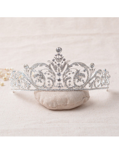 Tiara argintie Snow Lilies, ramurele si flori cu cristale albe