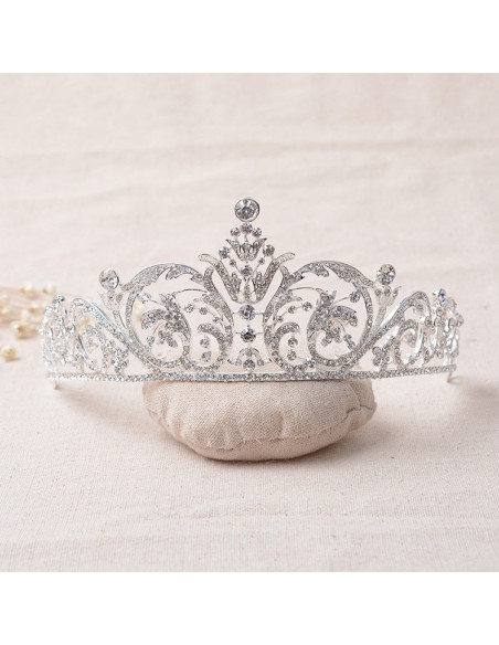 Tiara argintie Snow Lilies, ramurele si flori cu cristale albe