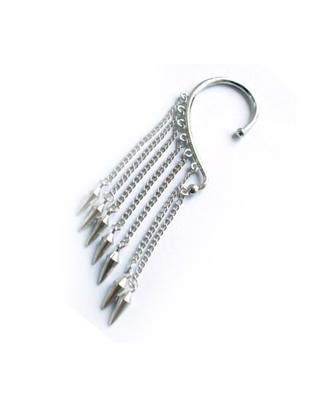 Cercel tip ear cuff, model punk cu lanturi scurte, terminate cu tepi mici, prindere dupa ureche