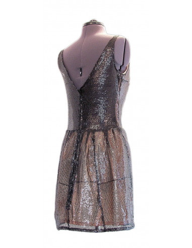 Rochie scurta de seara, din material negru transparent cu paiete