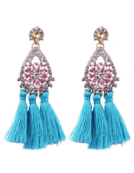 Cercei luxury Fringed Flowers, medalion cu cristale si canafi lungi