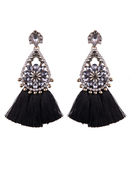 Cercei luxury Fringed Flowers, medalion cu cristale si canafi lungi