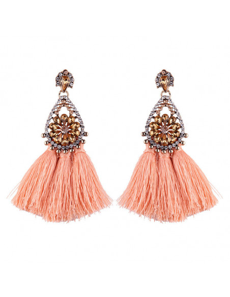 Cercei luxury Fringed Flowers, medalion cu cristale si canafi lungi