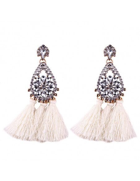 Cercei luxury Fringed Flowers, medalion cu cristale si canafi lungi
