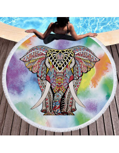 Prosop de plaja gros, cu franjuri, elefant indian pe fundal multicolor 2