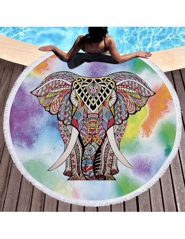 Prosop de plaja gros, cu franjuri, elefant indian pe fundal multicolor