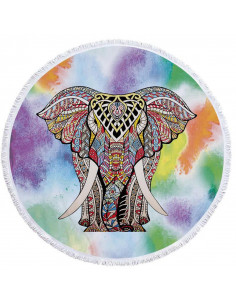 Prosop de plaja gros, cu franjuri, elefant indian pe fundal multicolor