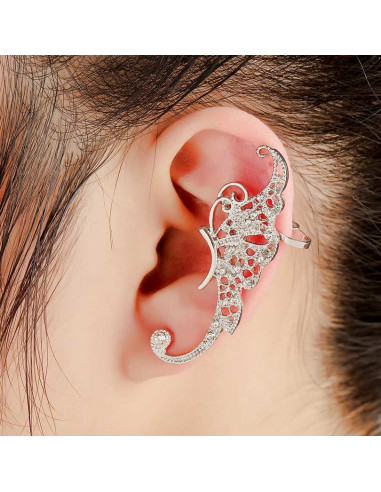 Cercel ear cuff fluture filigranat cu cristale mici si coada arcuita
