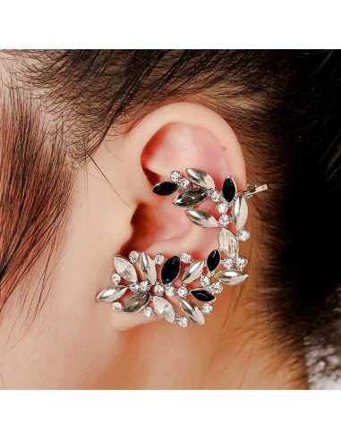 Cercel ear cuff statement, cu cristale albe, negre, gri si metalice