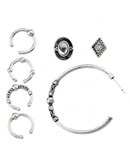 Set cercei si ear cuff, inele  cu modele etnice si cristale albe