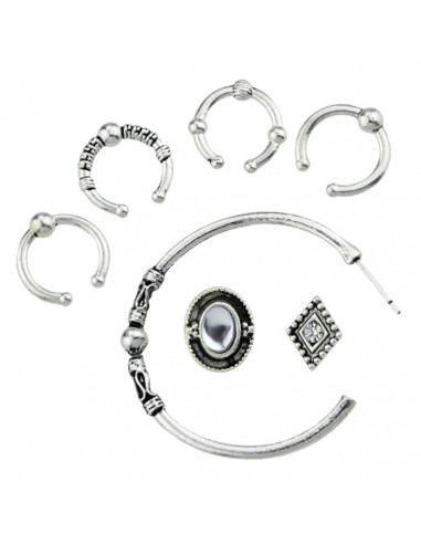 Set cercei si ear cuff, inele  cu modele etnice si cristale albe