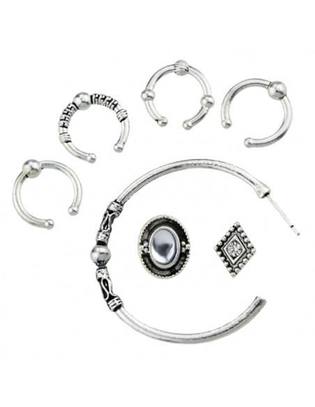Set cercei si ear cuff, inele  cu modele etnice si cristale albe