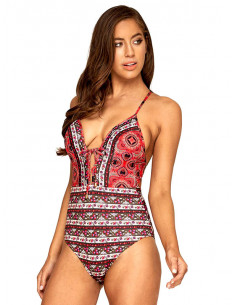 Costum de baie intreg, model vintage floral, kaki cu rosu si alb
